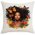 Detailed view of linen cushion cover with African woman art and colorful butterflies - African Woman Rose Floral (DYM339-10) / 45*45cm Single-sided Without Core