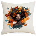 Detail view of African woman portrait with butterflies on linen square pillowcase - Meditating Woman Flying Butterflies (DYM339-9) / 45*45cm Single-sided Without Core