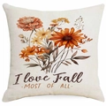 Detalle de funda de cojín de lino con hojas de otoño y texto impreso I Love Fall - 45x45cm / Estilo Amo el Otoño (DYM338-3)