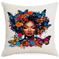 Detailed view of linen cushion cover with black woman portrait and colorful butterflies - Roses Butterflies Art Illustration (DYM339-8) / 45*45cm Single-sided Without Core