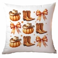 White square cushion cover with Western style cowboy hat pumpkin and orange boots print - Western Cowboy Pumpkin Style (TDLD87-3)