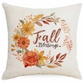 Detalle de funda de cojín de lino con guirnalda floral y texto Fall Blessings - 45x45cm / Estilo Guirnalda Bendiciones de Otoño (DYM338-10)
