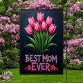 Floral Mother's Day garden flag with pink tulips and Best Mom Ever text on navy blue - Dark Blue Tulip Bouquet Style (HYQ84-26)