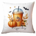 White square Halloween pumpkin cushion cover with maple leaves and #cozyvibes text - Pumpkin Drink Festive Style (TDLD87-5)