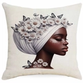 Close-up of African woman floral cushion cover with white daisies and butterflies - White Daisy Girl Portrait (DYM340-12) / 45*45cm Single-sided Without Core