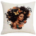Linen pillowcase featuring a Black woman portrait with butterflies and afro hairstyle - Afro Butterflies Portrait (DYM339-1) / 45*45cm Single-sided Without Core