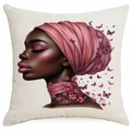 Artistic square linen pillow cover featuring an African woman with pink floral butterfly motifs - Pink Butterfly Girl Portrait (DYM340-10) / 45*45cm Single-sided Without Core