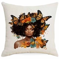 Square pillowcase featuring African woman portrait with butterflies and floral details - Puffy Hair Orange Butterflies (DYM339-2) / 45*45cm Single-sided Without Core