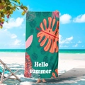 Microfiber beach towel with tropical leaves and Hello Summer text on a sunny beach - Hello Summer Tropical Leaf (STMJ02-16)