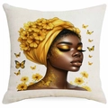 Detailed view of square pillow case featuring a Black woman with gold headwrap and flowers - Gold Turban Yellow Flower Girl (DYM340-7) / 45*45cm Single-sided Without Core