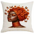 Detail of artistic African girl portrait on linen pillowcase with vibrant orange flowers - Orange Flower Girl Portrait (DYM340-2) / 45*45cm Single-sided Without Core