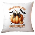 White Halloween pillow cover with pumpkin print and Halloween Town University text - Halloweentown Black Bow Pumpkin Style (TDLD87-12)
