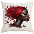 Artistic Black Girl cushion cover with red headscarf and butterfly on white background - Red Flower Girl Portrait (DYM340-4) / 45*45cm Single-sided Without Core