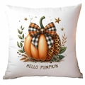 White Halloween pillow cover with leopard pumpkin design and Hello Pumpkin text print - Leopard Bow Pumpkin Style (TDLD87-13)
