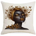 Artistic African woman pillow cover with gold butterflies on beige linen cushion - Gold Makeup Girl Portrait (DYM340-9) / 45*45cm Single-sided Without Core