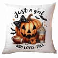 White square pumpkin pillow case with Just a Girl Who Loves Fall print for autumn decor - Girl Loves Fall Pumpkin Style (TDLD87-16)