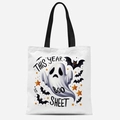 Détail du sac fourre-tout en toile blanche avec imprimé fantôme d'Halloween et anses - Motif Fantôme BOO SHEET (FBDT03-25)
