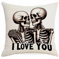 Quadratischer Leinenkissenbezug mit Totenkopfpaar und I LOVE YOU Aufdruck - Skelett Paar Umarmung - I LOVE YOU (DYM325-4)