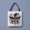 Close-up of Halloween witch owl print and fabric texture on a beige canvas tote bag - Owl Witch Style (FBDT01-1)