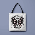 Detail of Bat Shit Crazy gothic print and striped bow on a white canvas tote bag - Striped Bow Bat (FBDT01-7)