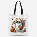 Détail de l'imprimé fantôme d'Halloween sur cabas en toile avec citrouilles et fleurs - Motif Fantôme Café Lunettes (FBDT03-7)