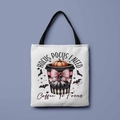 Detail of Halloween white canvas tote bag with witch pumpkin and coffee print - Halloween Coffee Pumpkin (FBDT01-13)