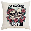Fodera per cuscino con scheletro e rose rosse con scritta I'M A SUCKER FOR YOU beige - Scheletro Coccolare Rose - I'M A SUCKER FOR YOU (DYM325-6)