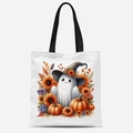 Détail de l'imprimé fantôme mignon avec chapeau fleuri et tournesols sur sac cabas en toile - Motif Fantôme avec Chapeau de Sorcier (FBDT03-2)
