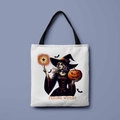 Close-up of the witch and pumpkin print on white canvas tote with Feeling Witchy text - Feeling Witchy (FBDT01-25)
