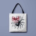 Close-up of Halloween tote bag showing detailed spider and web print on white canvas - Spider Web Bow (FBDT01-36)