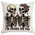 Fodera per cuscino quadrata di Halloween con stampa scheletro e rose su lino beige - Coppia Scheletri Cuore Rosso (DYM325-8)