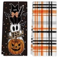 Λεπτομέρεια από πετσέτες μικροϊνών Halloween με στάμπα γάτας φάντασμα και καρό σχέδιο - Συνδυασμός Μοτίβων Κινουμένων Σχεδίων Και Τρίχρωμο Καρό (MJBT62-16)