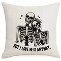 Federa per cuscino in lino con stampa coppia di scheletri e testo artistico nero - Scheletri Abbracciati Bianco e Nero - LOVE ANYWAY (DYM325-10)