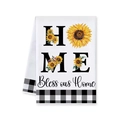 Macro shot of rustic sunflower and buffalo check kitchen towel with Bless our Home text - 40cmX60cm / Home Blessings Style (MJBT59-4)