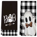 Λεπτομέρεια υφής για πετσέτες κουζίνας Halloween με σχέδια φαντάσματα και boo - Συνδυασμός Μοτίβων Hey BOO Και Καρό (MJBT62-12)