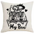 Federa per cuscino Halloween con coppia di scheletri e stampa My Boo su lino - Coppia Scheletri a Mano - My Boo (DYM325-11)