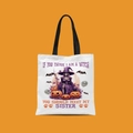 Detail showing mini Halloween canvas tote bag with witch and pumpkin illustration - Skull Witch Pumpkin Style (FBDT02-25)