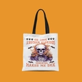Detailed close-up of Halloween canvas tote bag with skeleton and pumpkin graphics - Another Glorious Morning Skull Style (FBDT02-24)