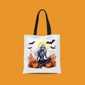 Detail of Halloween canvas tote featuring a skeleton girl, pumpkin, and bat graphics - Skull Girl Full Moon Style (FBDT02-18)