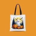 Close-up of Halloween mini canvas tote bag featuring cute ghost and pumpkin illustrations - Ghost Pumpkin Trees Style (FBDT02-17)