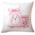 Pink Halloween ghost and candy jar illustration on white square cushion cover - 45x45cm Single Side Print / Ghost Candy Jar (CDR337-5)
