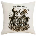 Fodera per cuscino con stampa coppia di teschi e testo YOU STAY WITH ME in lino - Scheletri Abbracciati a Mano - YOU STAY WITH ME (DYM325-17)