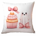 Pink Halloween pillow case featuring a cute ghost and cupcake illustration on white fabric - 45x45cm Single Side Print / Cupcake Ghost (CDR337-6)