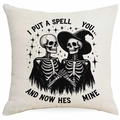 Fodera per cuscino Halloween con coppia di scheletri e scritte gotiche su lino - Scheletro Cappello da Mago - I PUT A SPELL ON YOU (DYM325-18)
