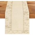 Beige floral table runner with natural linen texture on a dark wooden background - 33*183cm Table Runner / Creamy Pastoral Floral (ZQ106-4)