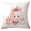 Pink Halloween pumpkin and ghost watercolor illustration on white square throw pillow cover - 45x45cm Single Side Print / Pumpkin and Ghost (CDR337-13)