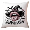 Λευκή μαξιλαροθήκη Halloween με σχέδιο Bad Witch Club και ροζ χείλη με αστέρια - Χείλη Witch Club (CDR327-3) / 45x45cm Μονής Όψης Χωρίς Γέμιση