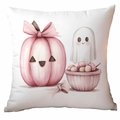Pink Halloween throw pillow cover with cute pumpkin and ghost on white background - 45x45cm Single Side Print / Ghoulish Treats (CDR337-14)