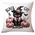 Funda de cojín Halloween blanca con gato negro, calabazas rosas y diseño impreso - Club Social del Gato Negro (CDR327-8) / 45x45cm de Una Sola Cara Sin Relleno