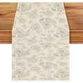 Bohemian table runner with light green rose patterns on beige cotton linen fabric - 33*183cm Table Runner / Light Green Rose (ZQ106-17)